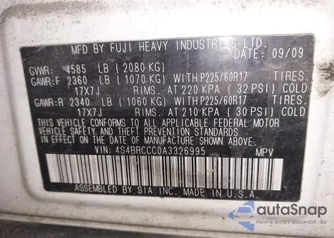 2010 Subaru Outback 2.5I Premium z USA, uszkodzony, nr VIN 4S4BRCCC0A3326995